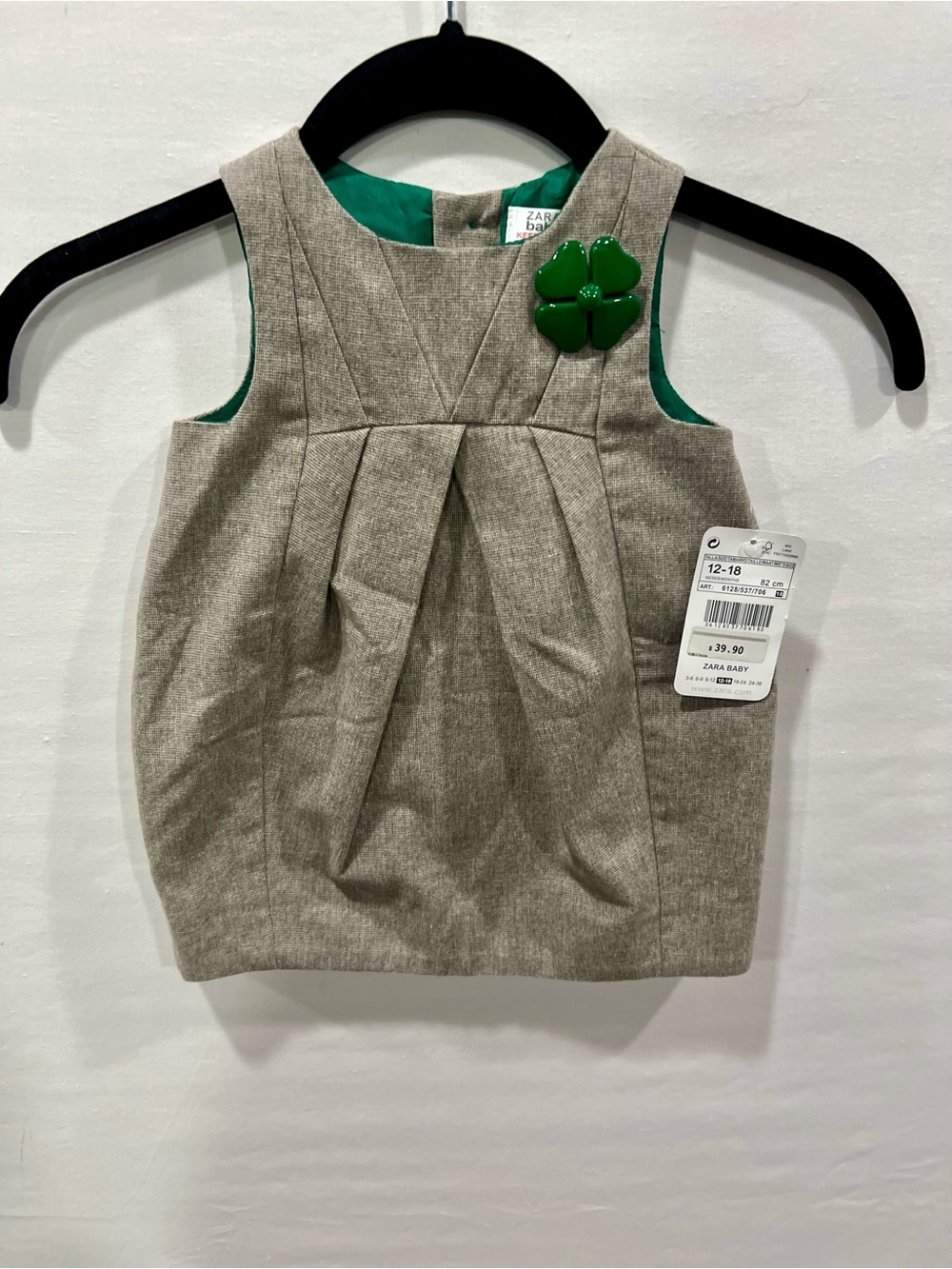 Zara Beige Linen-Blend Sleeveless Dress with Green Clover Pin